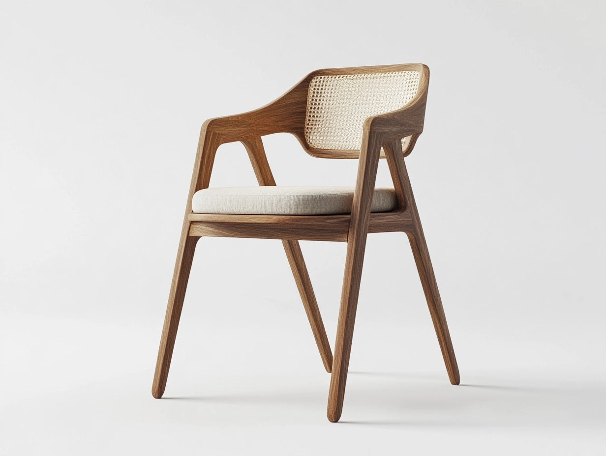 Silla de Madera Nogal con Respaldo de Rat¨¢n Beige Coj¨ªn de Tela Beige